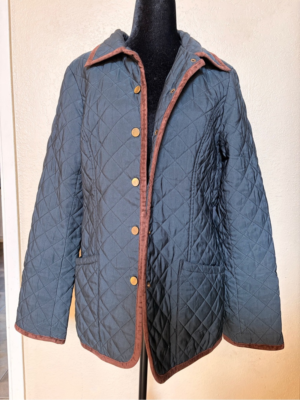 Joan Rivers Quilted Barn Jacket Navy with Brown Trim